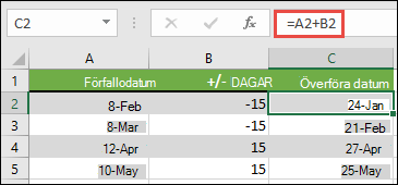 Addera eller subtrahera dagar från ett datum med =A2+B2, där A2 är ett datum och B2 är antalet dagar som ska adderas eller subtraheras.