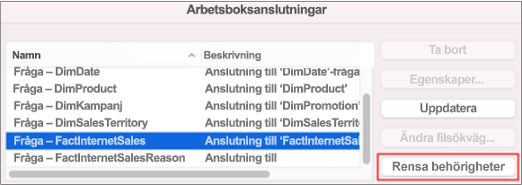 Ta bort sparade autentiseringsuppgifter för en dataanslutning på Mac