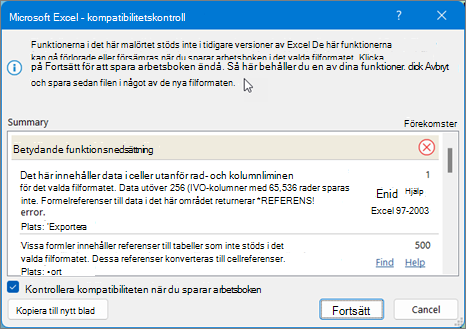 Använda Sök för att korrigera problem med kompatibilitet för Excel-blad