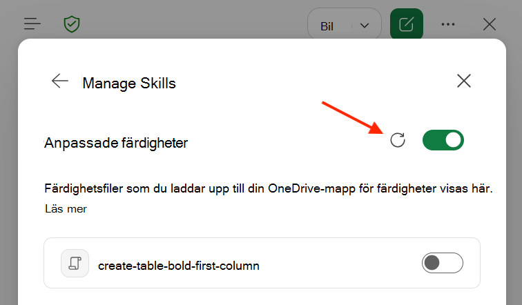 Skärmbild av dialogrutan Copilot i Excel Anpassade färdigheter med knappen Uppdatera markerad.
