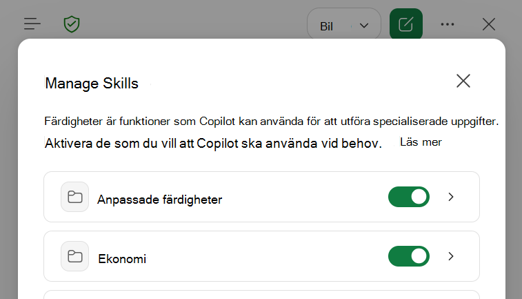 Skärmbild av Copilot i Excel Dialogrutan Hantera färdigheter.