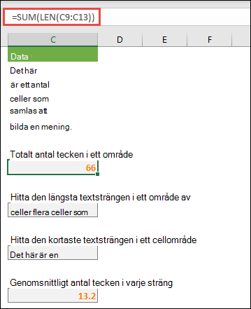 Räkna det totala antalet tecken i ett område och andra matriser för att arbeta med textsträngar