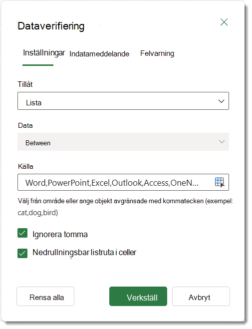 Inställningar för dataverifiering