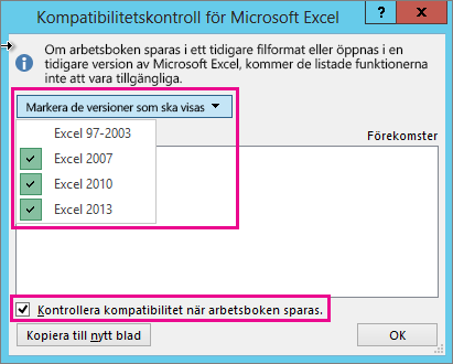 Kompatibilitetskontroll som visar versioner som ska kontrolleras