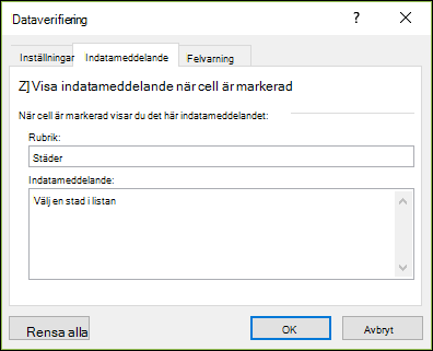 Indatameddelandealternativ för dataverifiering