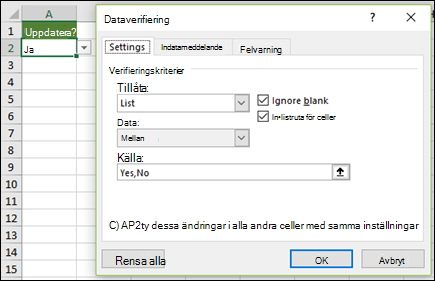 Källa för listrutan anges manuellt