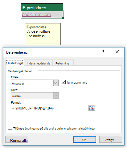 Exempel på dataverifiering som säkerställer att en e-postadress innehåller @-symbolen