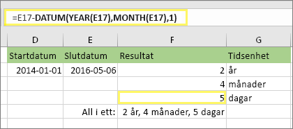 =DATEDIF(D17;E17;md) och resultat: 5