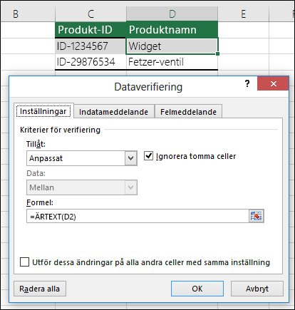 Exempel 2: Formler för dataverifiering