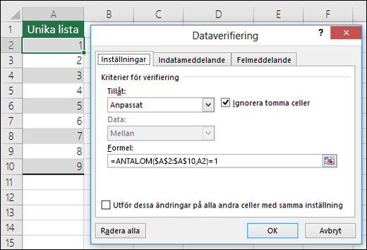 Exempel 4: Formler för dataverifiering