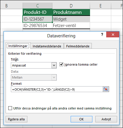 Exempel 6: Formler för dataverifiering