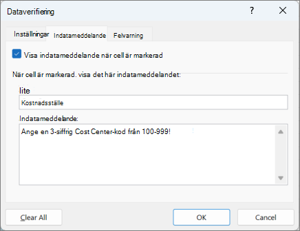 Inställningar för indatameddelande i dialogrutan Dataverifiering