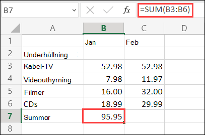 Formel för Autosumma i Excel för webben