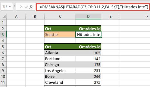 Bild av hur du använder OMSAKNAS med LETARAD för att förhindra att #N/A-fel visas.