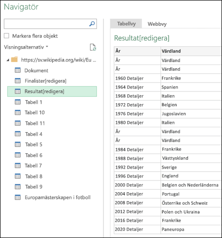 > Power Query från Web > Navigator-tabellvyn