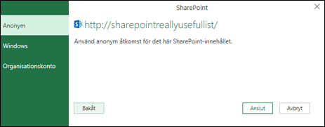 Excel Power Query ansluta till en Sharepoint-lista Anslut dialogruta