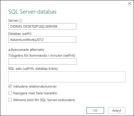 Power Query, anslutningsdialogruta för SQL Server-databas