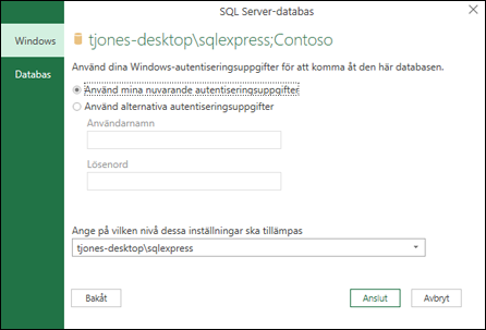 Power Query, inloggningsuppgifter för SQL Server-anslutning