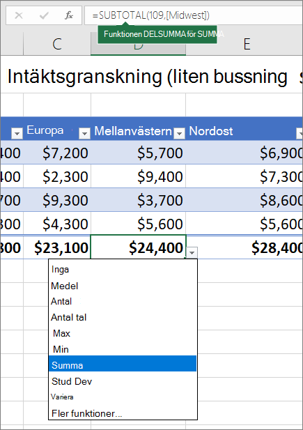 Val av en formel för summaraden i listrutan med summaradsformler