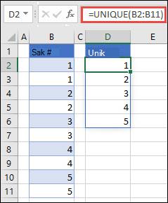 Exempel på att använda =UNIK(B2:B11) för att returnera en unik lista över tal