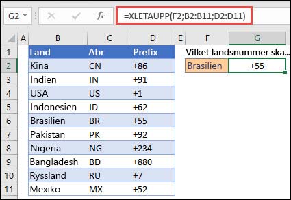 Exempel på funktionen XLETAUPP som används för att returnera ett namn på en anställd och en avdelning baserat på anställnings-ID. Formeln är = XLETAUPP (B2,B5:B14,C5:C14)