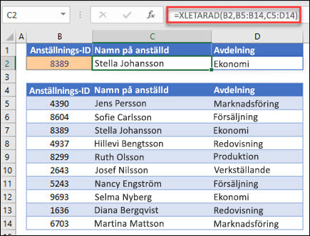 Exempel på funktionen XLETAUPP som används för att returnera ett namn på en anställd och en avdelning baserat på anställnings-ID. Formeln är: = XLETAUPP (B2,B5:B14,C5:D14,0,1)