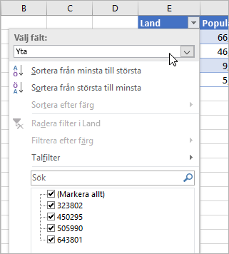 Menyn Filtrera, menyn Visningsvärde, fält från länkad datatyp visas