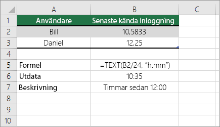 Exempel: Konvertera timmar från ett decimaltal till standardtid