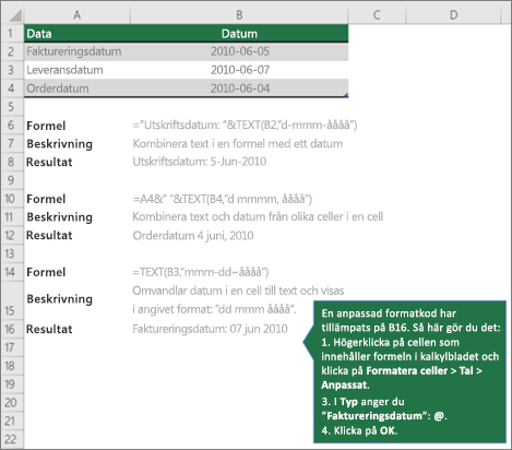 Exempel på hur du kan kombinera text med datum- och tidsvärden i formler