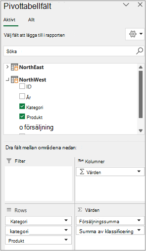 Fältlistan för flera tabeller
