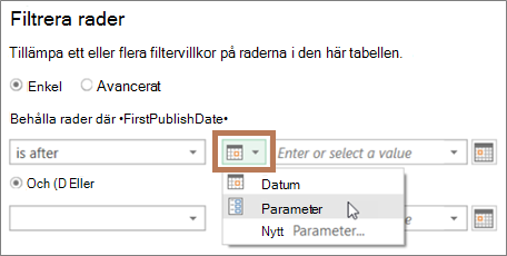 Ange en parameter i dialogrutan Filter