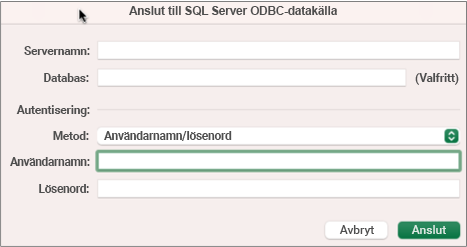 Dialogrutan SQL Server där du kan ange server, databas och autentiseringsuppgifter