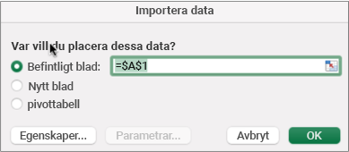 Dialogrutan Importera data som används för att hitta data