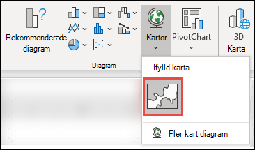 Om du vill infoga ett kartdiagram markerar du en cell i dataområdet och går sedan till Infoga > diagramkartor >> och väljer ikonen Fylld karta.