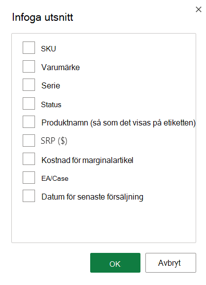 Skärmbild av alternativet för infoga utsnitt.