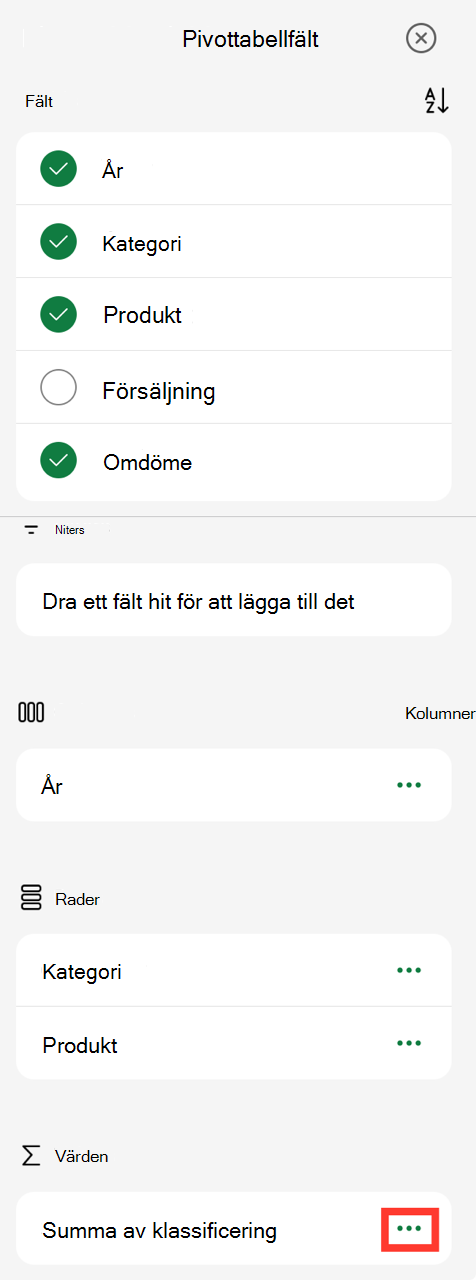Fältvärden i pivottabell ellips på iPad