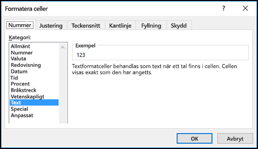 Dialogrutan Formatera celler med fliken Tal och alternativet Text markerat