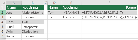 Använda LETARAD med RENSA i en matrisformel för att ta bort inledande/avslutande blanksteg. Formeln i cell E3 är {=LETARAD(D2;RENSA(A2:B7);2;FALSKT)} och måste anges med CTRL+SKIFT+RETUR.