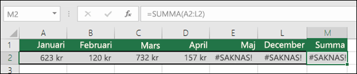 Exempel på #N/A som angetts i celler och som förhindrar en SUMMA-formel från att beräknas korrekt.