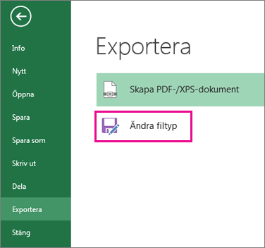 Ändra filtyp på fliken Exportera