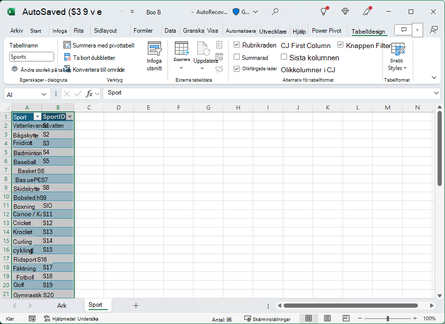 Namnge en tabell i Excel