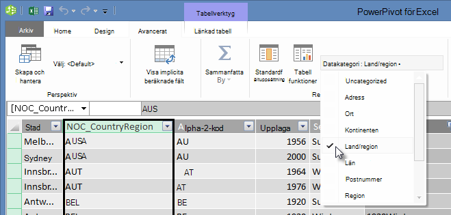 Datakategorier i Power Pivot