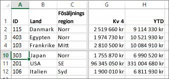 Dela rader och kolumner