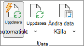 Gruppen Data på fliken Analysera för pivottabell i menyfliksområdet. Gruppen Data innehåller knapparna Uppdatera automatiskt, Uppdatera och Ändra datakälla.