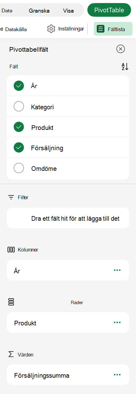 Pivottabell på iPad Fältlista
