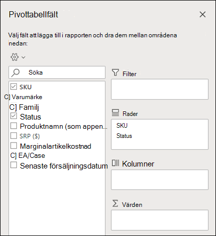 Pivottabellfält i Excel för webben