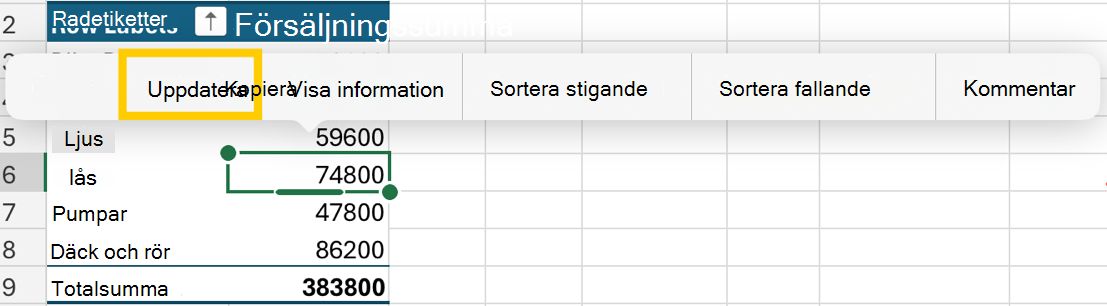 Uppdatera pivottabellen från snabbmenyn på iPad.