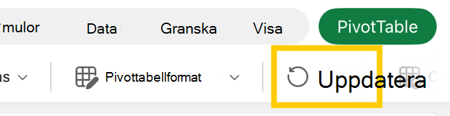 Knappen Uppdatera pivottabell i menyfliksområdet på iPad.