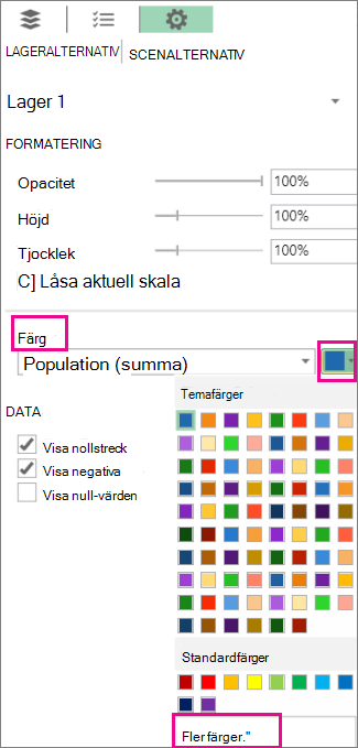 Nedrullningsbar färgmeny på fliken för att ställa in lageralternativ
