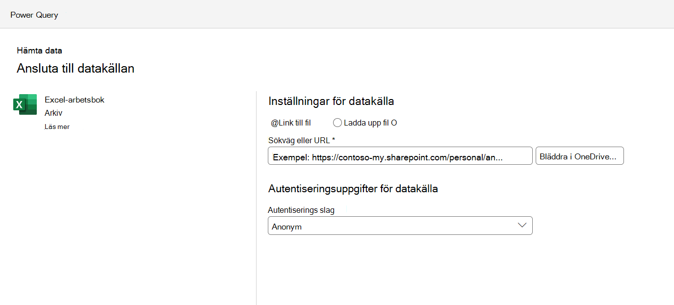Menyn inställningar för anslutning till datakälla,